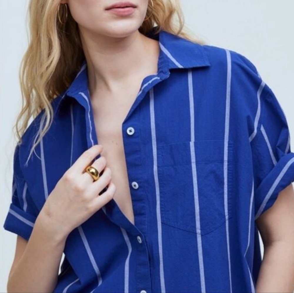 Madewell Blue Vertical-Stripe Button-Up Blouse